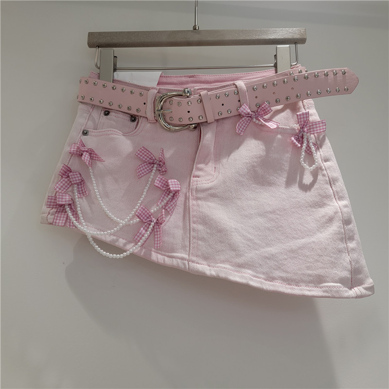 Phong Cách Dễ Thương Nơ Ngọc Trai Trang Trí Váy Denim Giảm Tuổi Nữ Mùa Xuân Mùa Hè Phong Cách Mới Váy Bất Đối Xứng
