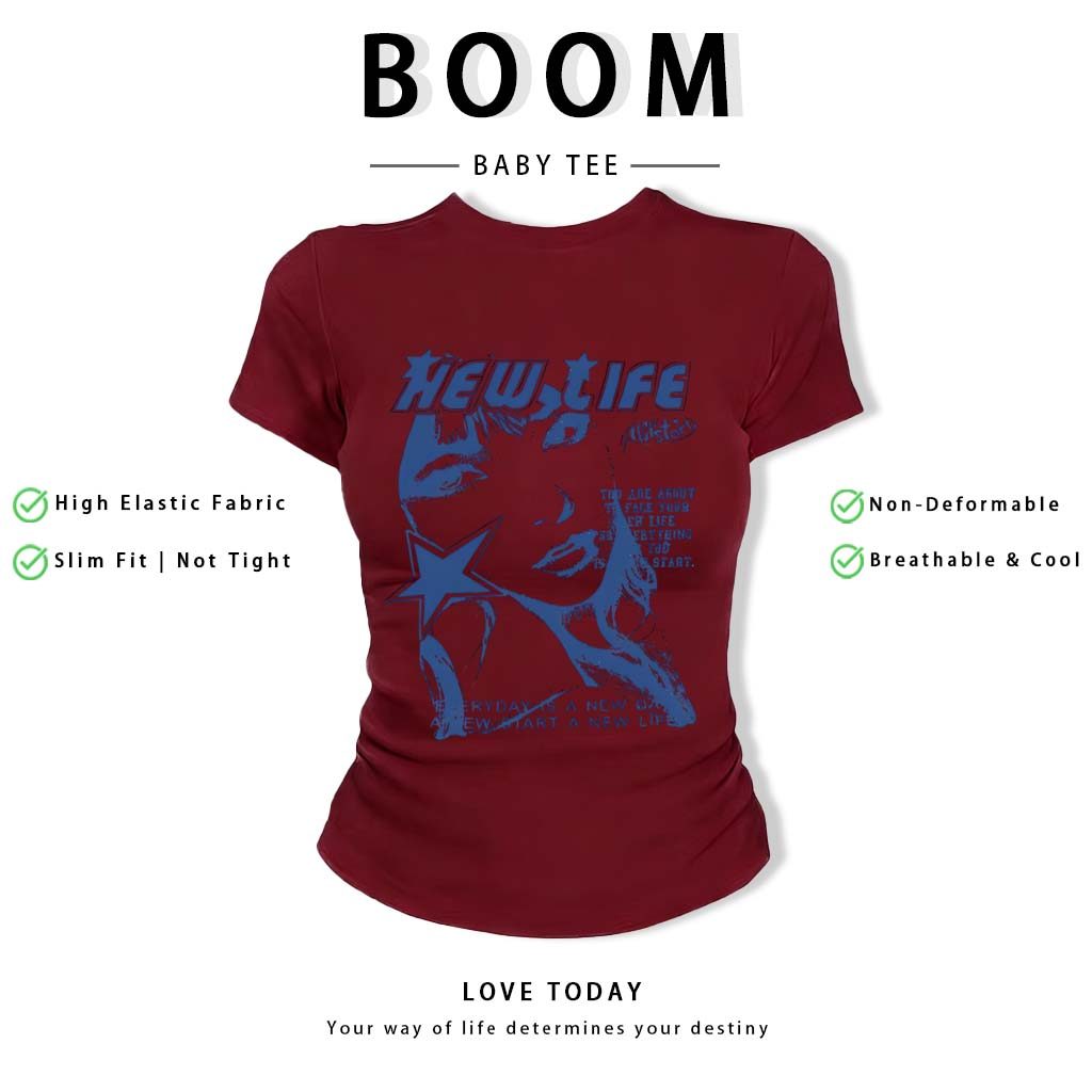 BOOM Áo Baby Tee Nữ Cotton Ôm Body-Áo Thun Ngắn Tay Y2K In Hình PhongCách Mùa Hè, Cổ Tròn Hàng Đầucách hàn quốc phongQ47