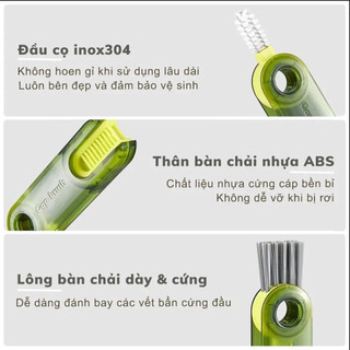 Bàn chải cọ rửa bình nước, vệ sinh ly cốc - Bộ cọ vệ sinh đa năng 3in1 tiện lợi