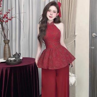 Set Áo Yếm Tết Phối Quần Suông Ống Rộng Lưng Full Mocking Chun Khoá Kéo Trang Phục Du Xuân Cho Nàng Ld_Store Fashion