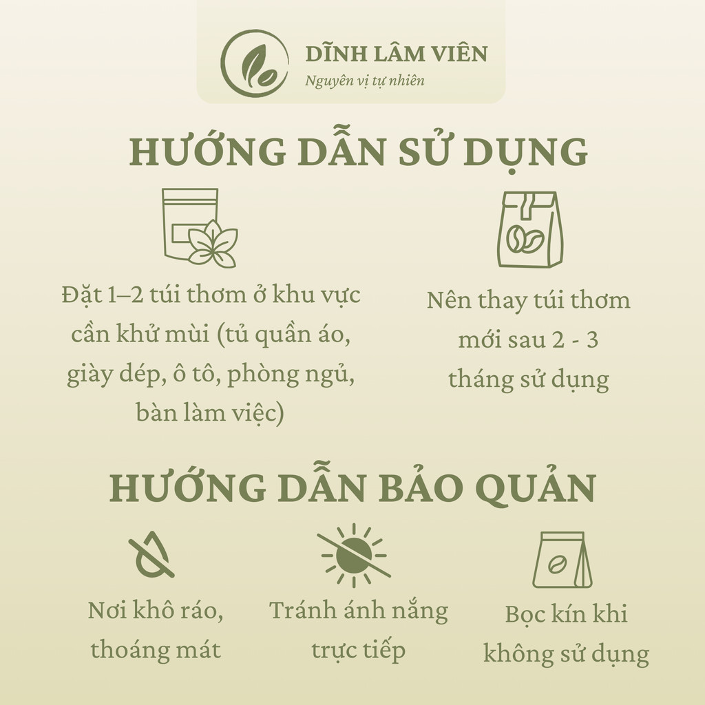 Túi thơm Cà phê Robusta Gia Lai nguyên hạt rang mộc hút ẩm khử mùi 3 túi x 30g | Dĩnh Lâm Viên