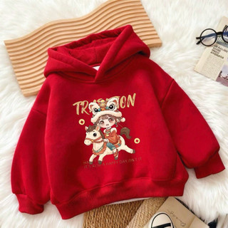 Áo Hoodie chủ đề ngựa đỏ cho trẻ em 2026 Tết Nguyên Đán Áo có mũ trùm đầu thông thường