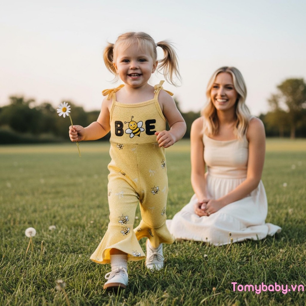 Bộ áo liền quần bé gái tập đi Chữ cái dễ thương Thêu ong không tay đáy chuông tổng thể