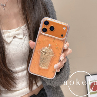 Trà sữa mèo may mắn lá vàng trong suốt thích hợp cho vỏ điện thoại Apple 17 Promax sang trọng ba chiều 16 / 15 / 14 / 13 / 12 / 11 bao gồm tất cả vỏ silicon chống rơi