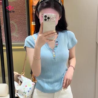 Áo thun nữ mùa hè màu sắc đa dạng, cổ nửa mở, thiết kế tay ngắn thời trang mới