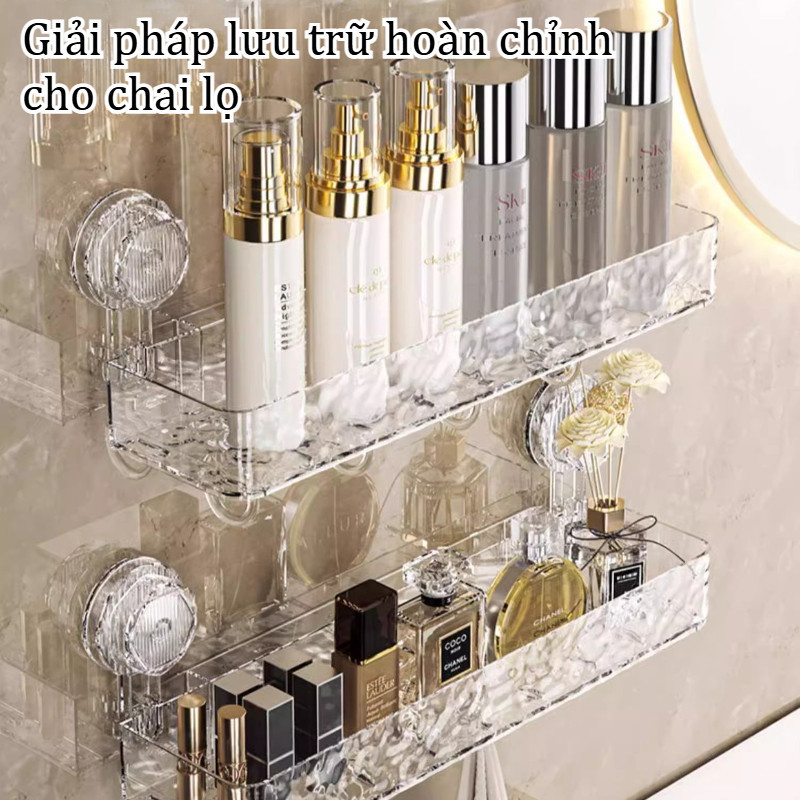 Kệ để đồ Nhà Tắm Hút Chân Không, Dán Tường,Vật Liệu Trong Suốt Có Móc Treo, đựng Dầu Gội Sữa Tắm, Phụ Kiện
