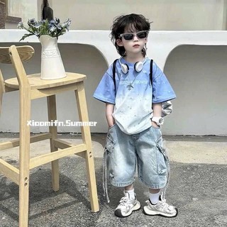 12-27kg Bộ bé trai áo loang ombre xanh mix quần bò túi hộp MH nhí