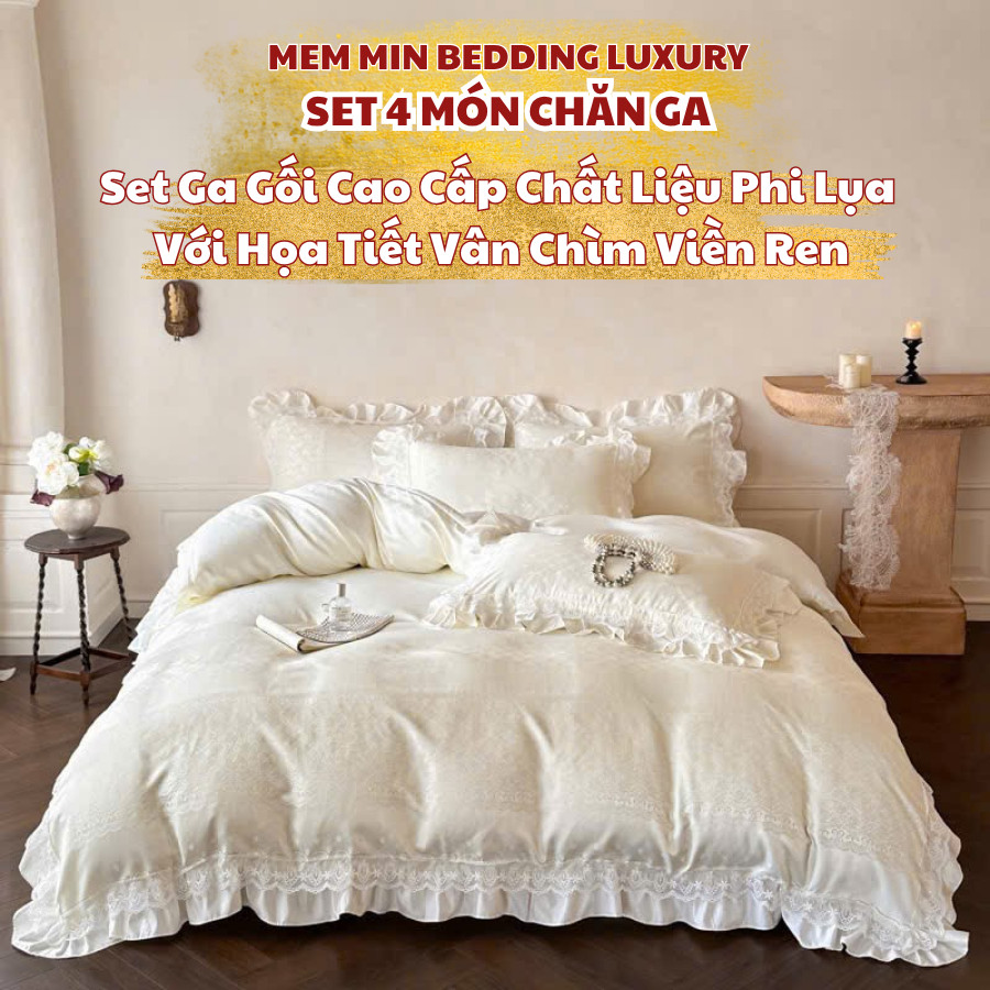 (ST105) Set vỏ chăn ga 4 món chất liệu phi lụa cao cấp phối ren mang phong cách Châu Âu sang trọng Memminbedding