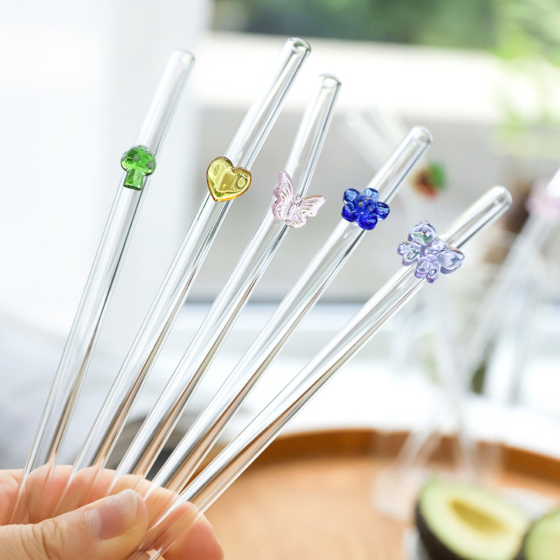 Phong Cách Nhật Bản Ống Hút Thủy Tinh Hộp Quà Tặng Bộ Nước Trong Suốt Sữa Uống Ống Hút Trà Sữa Bướm Nhiều Màu Sắc Trái Tim Khuỷu Tay UMNR