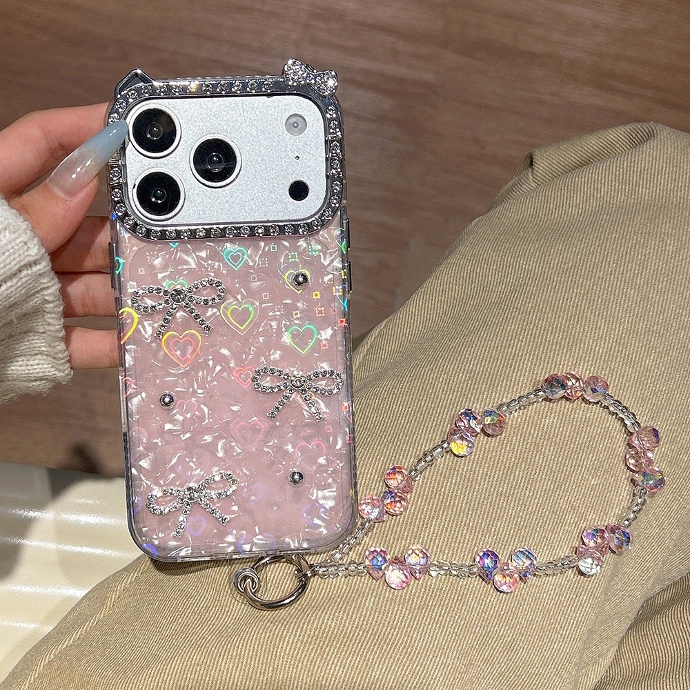 3D Hạt Nơ Vỏ Laser + Dây Xích Kim Cương Tai Mèo Vỏ Điện Thoại Acrylic Cho iPhone 17 Pro Max 17 Air 16 Plus 15 14 13 12 11 Vỏ Bảo Vệ Chống Sốc