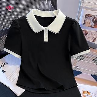 Áo thun nữ Hàn Quốc với ren màu sắc tương phản, thiết kế ngắn tay, phù hợp nhiều dịp
