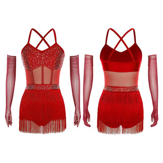 Yhong Nữ Đầm Khiêu Vũ Latin Có Găng Tay Sheer Lưới Chắp Vá Tầng Tua Rua Body Đầm Và Găng Tay Dài Sáng Bóng Kim Cương Giả Dancewear Cho Vũ Vũ Tango Phòng