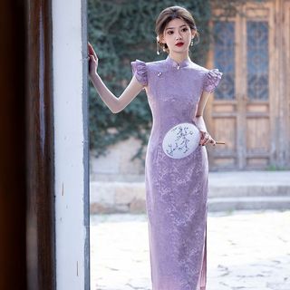 Đầm sườn xám kiểu Trung Hoa màu tím thanh lịch, mẫu mới mùa hè, thích hợp mặc hàng ngày cho Nữ