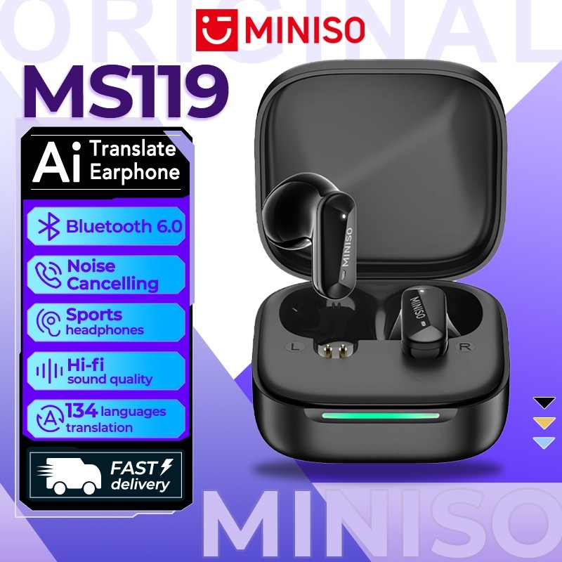 MINISO MS119 Tai Nghe Phiên Dịch AI  Tai nghe Bluetooth 6.0  Hỗ trợ dịch thuật 134 ngôn ngữ Tai nghe thể thao Khử tiếng ồn Âm thanh nổi Hi-Fi Âm thanh ASMR Chống nước IPX5 Độ trễ thấp