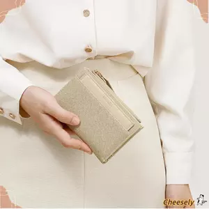 Ví nữ CHEESELY, có thiết kế dây kéo gấp qua ví ngắn, Túi đựng thẻ PU dung tích lớn màu trơn chất lượng cao