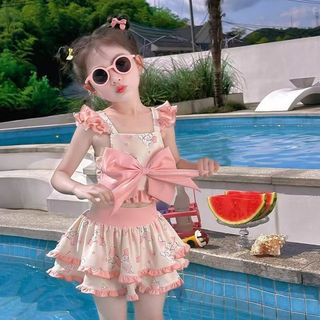 Bộ đồ bơi hai mảnh in hình chú thỏ cho bé gái | Tay áo lông xù Nơ lớn Ruffle Hem Đồ bơi dễ thương