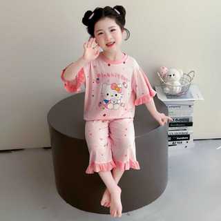 Bộ đồ ngủ cho bé gái – Cotton mềm mỏng, thoáng khí, Kitty dễ thương, áo ngắn + quần lửng bèo