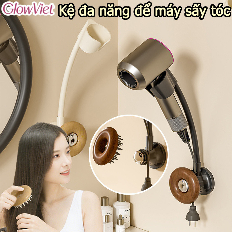 Kệ đa năng để máy sấy tóc, tặng kèm lược, thiết kế không cần khoan lỗ, xoay 360°, keo dán cường lực, giải phóng đôi tay