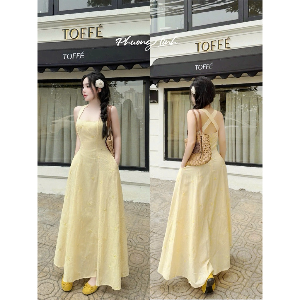 ĐẦM KẺ THÊU NƠ DÂY ĐAN CHÉO LƯNG MAXI  BYJOLIE