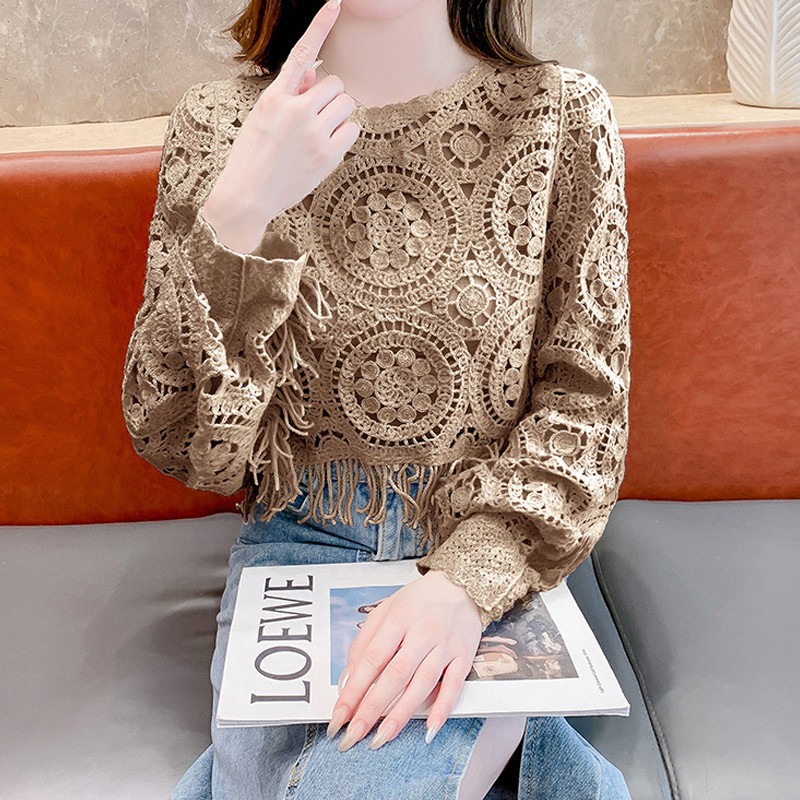 【dynamar】Áo len móc ren cổ điển dành cho nữ, tay cánh dơi, có tua rua, dáng rộng, tay dài, kiểu croptop.