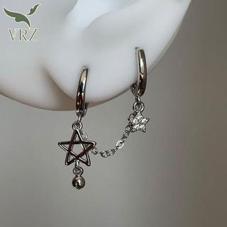 VRZ - Bông tai màu bạc hình ngôi sao với dây xích đôi, xu hướng thời trang Y2K
