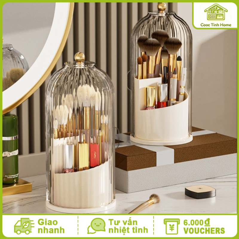 Hộp Đựng Cọ Trang Điểm Xoay 360° - Có Nắp Chống Bụi, Đế Xoay, Sắp Xếp Cọ & Mỹ Phẩm Gọn Gàng