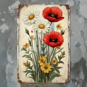 CIFbuy 2D Flat Red Poppies Nghệ thuật treo tường bằng kim loại, Trang trí hoa cổ điển cho phòng khách
