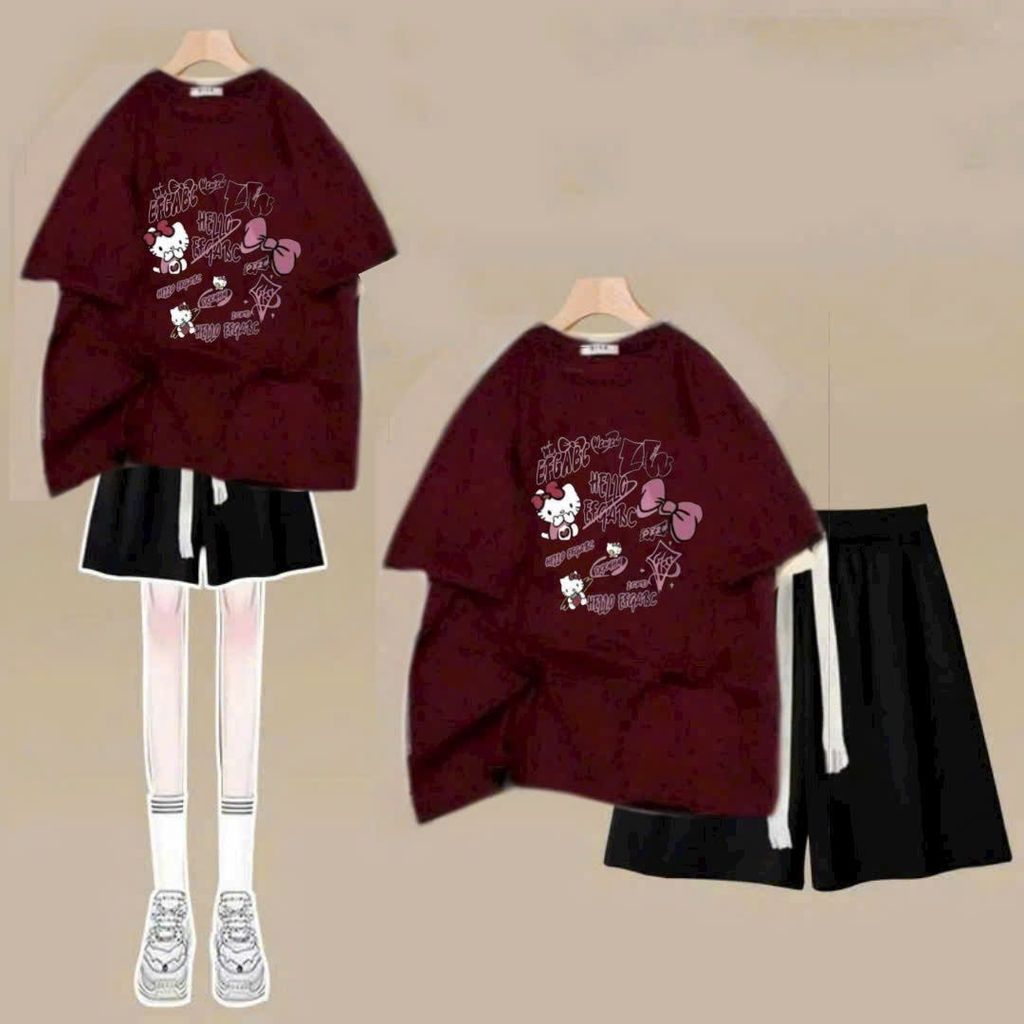 sét bộ quần đùi cộc dây to trơn+mix áo phông form rộng in hình mèo cute-chang3158