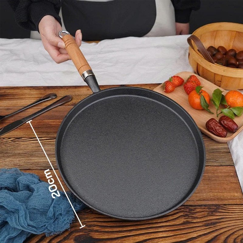 chảo gang chống dính đáy dày tay gỗ cách nhiệt rán bánh xèo bít tết bếp từ đa năng