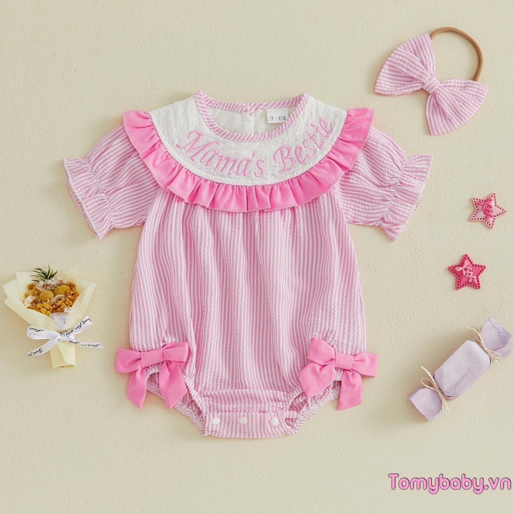 [lpDL] Bộ áo liền quần và băng đô nơ thêu chữ sọc cho bé gái