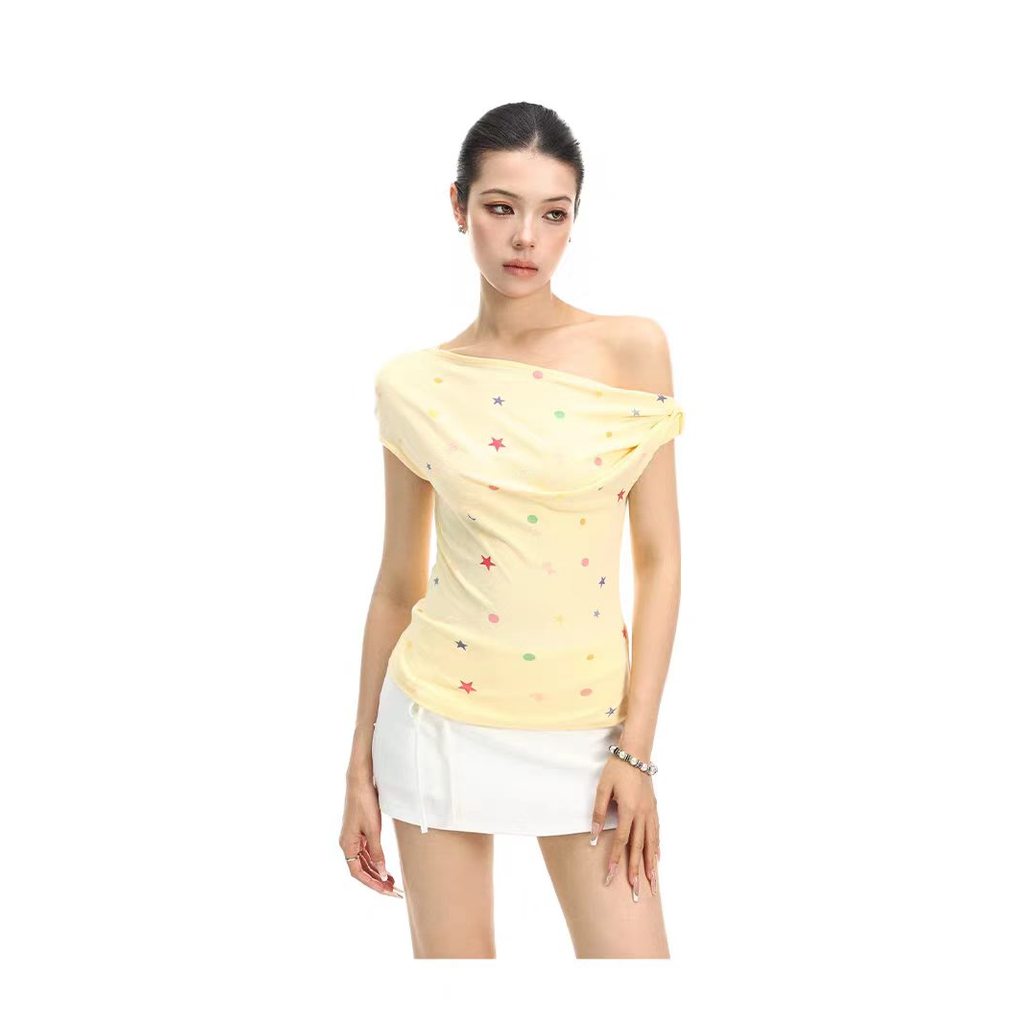 Áo Thun babytee Màu chấm bi in hình vai nghiêng mùa hè Dopamine Color Series