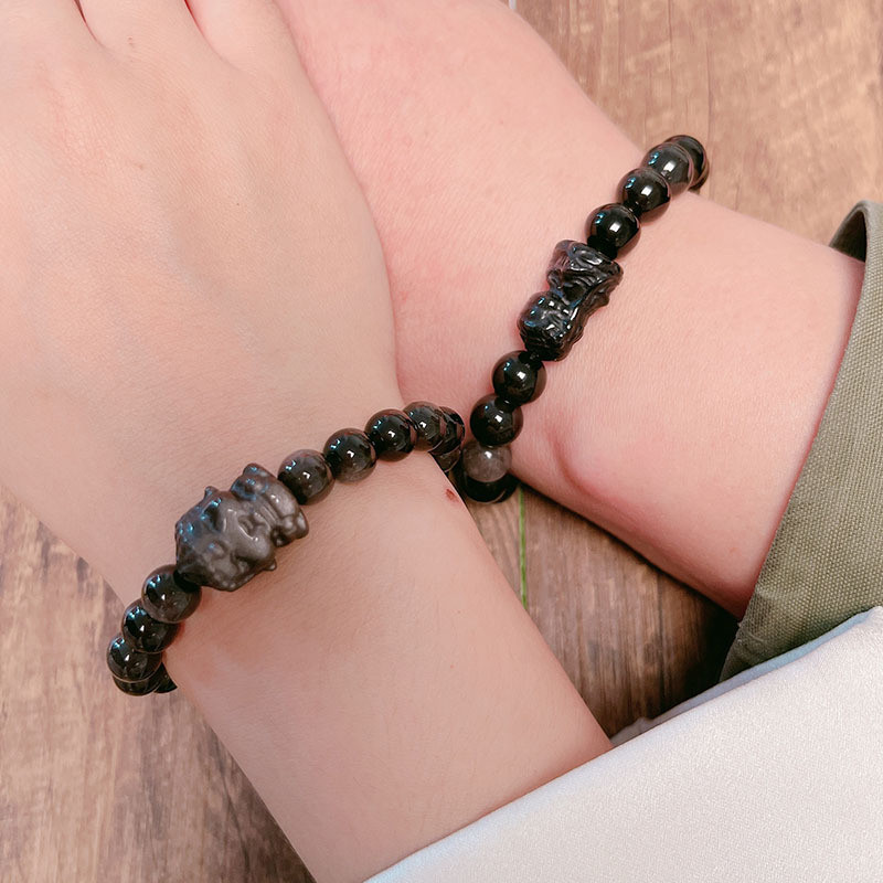 Vòng tay đôi Obsidian bạc phong cách Trung Quốc mới