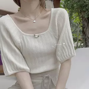 Áo sơ mi dệt kim nữ xuân hè, dáng rộng, tay ngắn, cổ vuông - Hàng đầu thời trang mới
