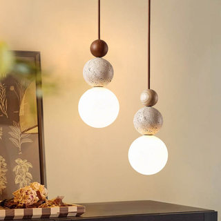 AIMI Đèn Chùm Travertine Màu Vàng Tự Nhiên Wabi Cho Phòng Ngủ Đầu Giường Phòng Khách Nhà Bếp Phòng Ăn Đèn Treo Hình Cầu Gỗ Bóng Đá