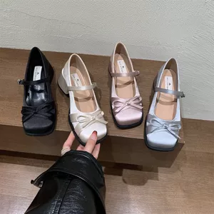 TT Satin Phong Cách Hàn Quốc Nơ Mũi Vuông Mary Jane Giày Nữ 2026 Phong Cách Mới Dày Gót Giày Ba Lê
