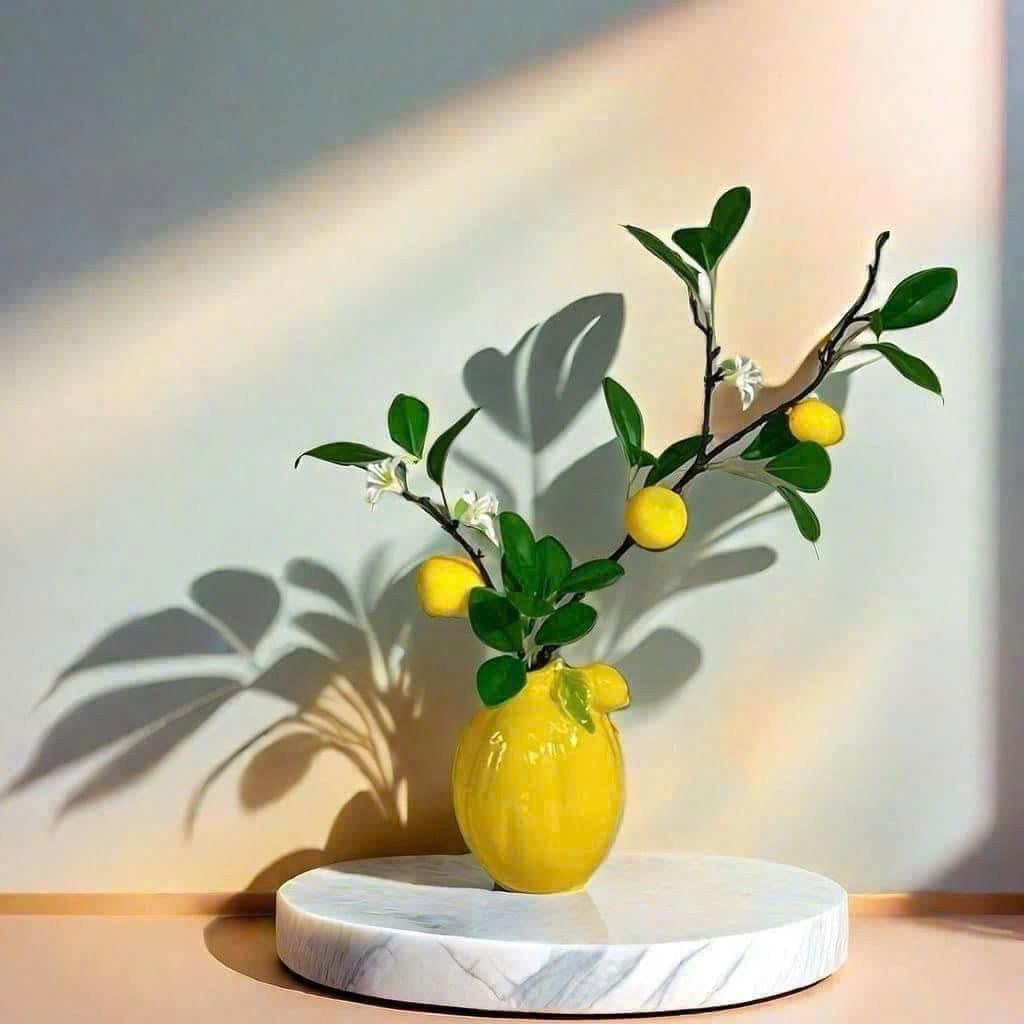 [Khi cắm nên gập cuống lại khoảng 1 gang ]Cành chanh vàng decor kèm bình sứ hình quả chanh – trang trí phòng khách
