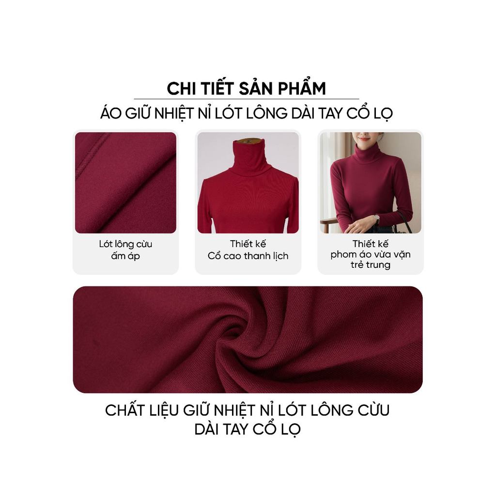 Áo giữ nhiệt nữ CARDINA chất liệu nỉ lông cừu dài tay cổ lọ 5AHF08