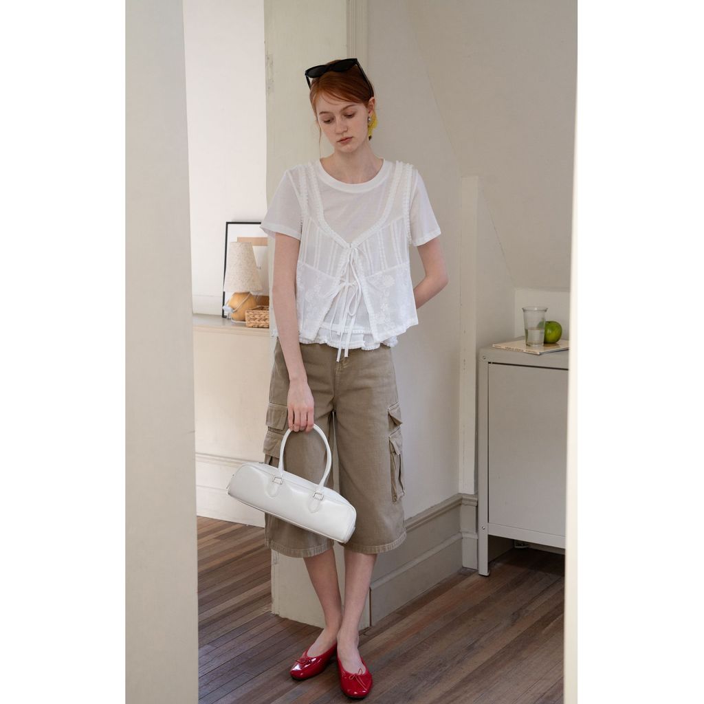 [Giảm giá 50%] Bộ đồ đôi gồm áo cardigan không tay và áo thun ngắn tay với viền nấm thêu trắng - Phù hợp mùa hè mát mẻ