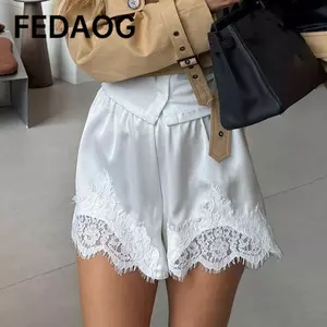 Quần short ngủ FEDAOG, Quần short chắp vá ren lụa, Vintage mềm Y2k Satin Silk Quần short nữ Bộ đồ ngủ
