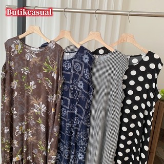 Váy in họa tiết Rayon nữ mùa hè mới váy dài không tay mỏng đơn giản giản giản dị mát mẻ