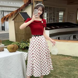 Bộ váy nữ thanh lịch phong cách Hồng Kông cổ điển, thiết kế mới mùa hè, gồm chân váy chấm bi độc đáo