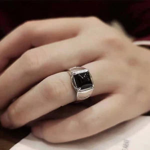 Nhẫn Onyx đen thời trang giả đá quý, bạc miệng sống chắc chắn không rơi - Size 26.4.7