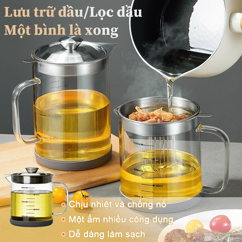 Ca Lọc Dầu Ăn Thủy Tinh Borosilicate - Bình Lọc Dầu Nắp Inox 304, Dung Tích 800-1300ml, Lọc Cặn Tiện Lợi