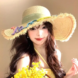 Mũ rơm nữ mùa hè với vành lớn, thư ruy băng nhiều màu sắc - Perfect cho bãi biển và kỳ nghỉ dưỡng
