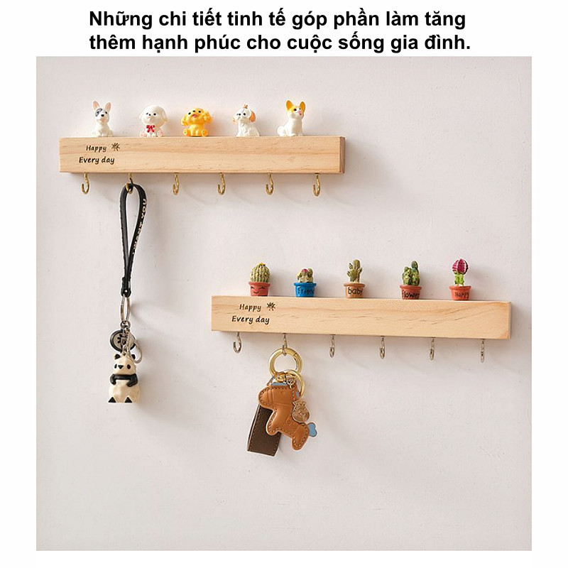 Giá treo chìa khóa gỗ tự nhiên, thiết kế sáng tạo, dán tường không cần khoan, lưu trữ gọn gàng