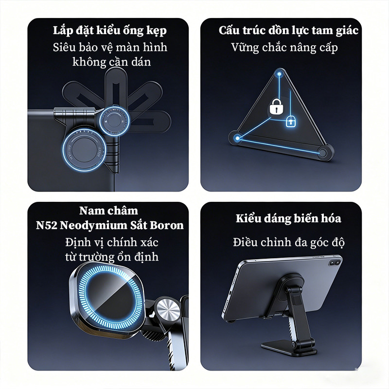 Giá Đỡ Điện Thoại Ô Tô Từ Tính Xoay 360° - Tự Động Màn Hình Dọc/Lật Ngang, Lực Hút Cực Mạnh, Gắn Bảng Điều Khiển