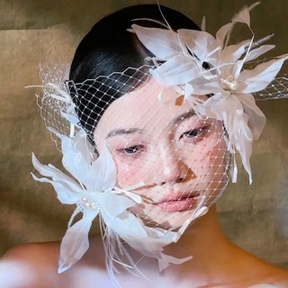 1 Bộ Vintage Cô Dâu Mũ Lông Vũ Trắng Kẹp Tóc Hoa