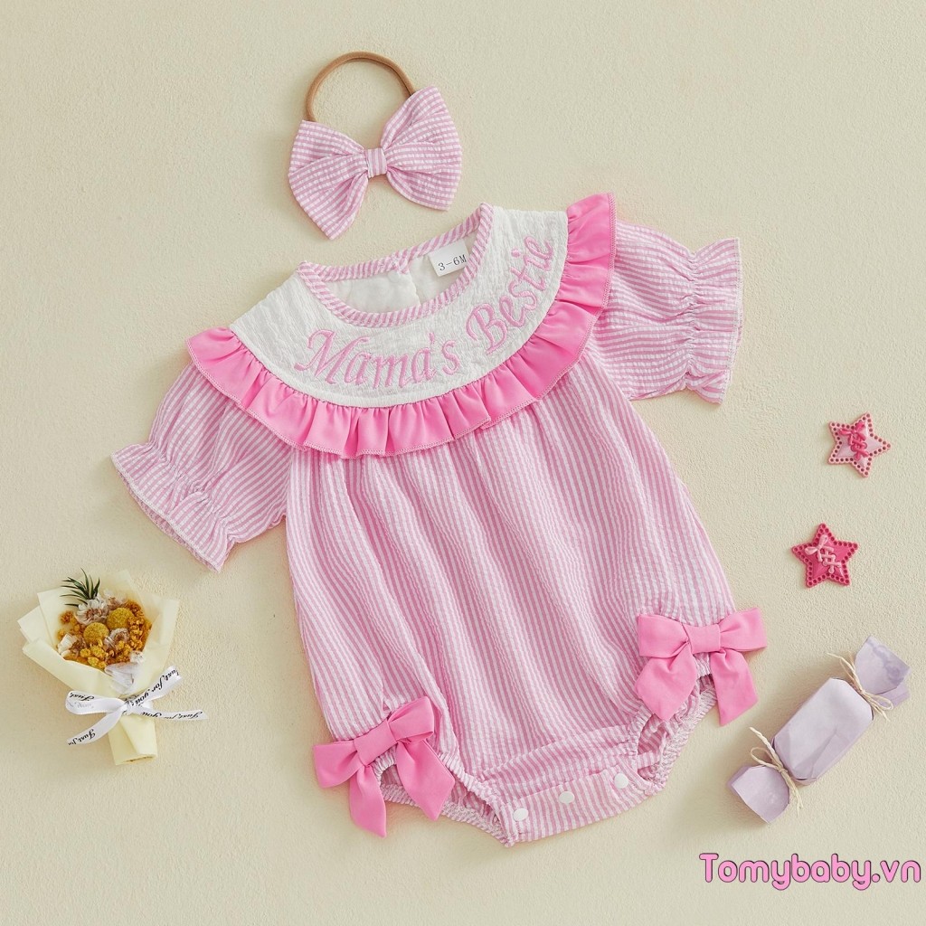 [lpDL] Bộ áo liền quần và băng đô nơ thêu chữ sọc cho bé gái