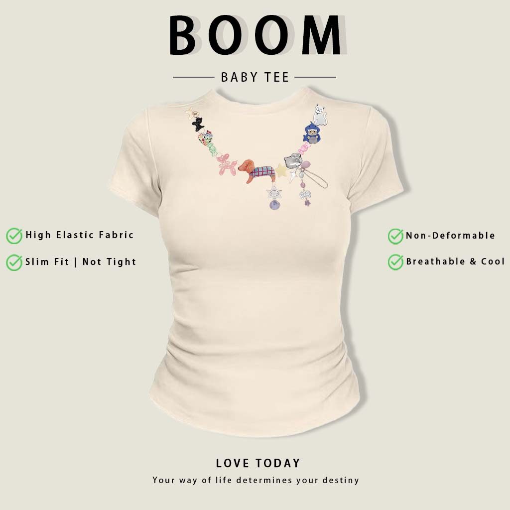 BOOM Áo Baby Tee Nữ Cotton Ôm Body-Áo Thun Ngắn Tay Y2K In Hình PhongCách Mùa Hè, Cổ Tròn Hàng Đầucách hàn quốc phongW25