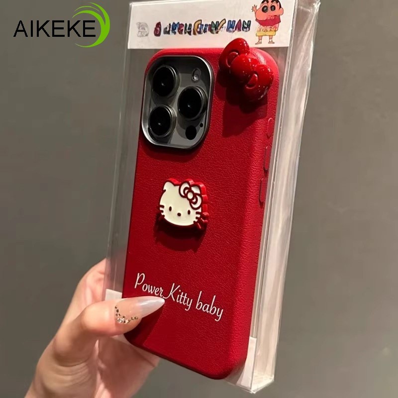Ốp Điện Thoại Da PU Màu Đỏ Năm Mới Cho Xiaomi 17 15T 15 14T Pro Max Poco C85 C85X C71 5G 4G Vỏ Nơ Kitty 3D Dễ Thương Vỏ Mềm Chống Sốc